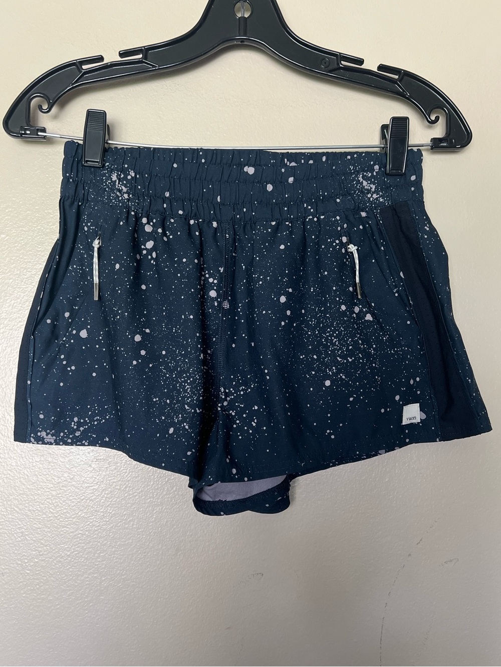 Vuori Deep Blue Athletic Shorts with Light Gray Splatter